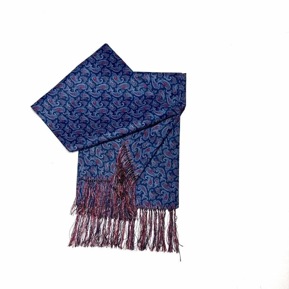 Men's Classic Doubled Dress Scarf Blue Paisley Print with Fringes